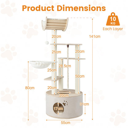 141cm Tall Wooden Cat Tree for Indoor Cats Solid Plywood Multi-Level Kitten Tower