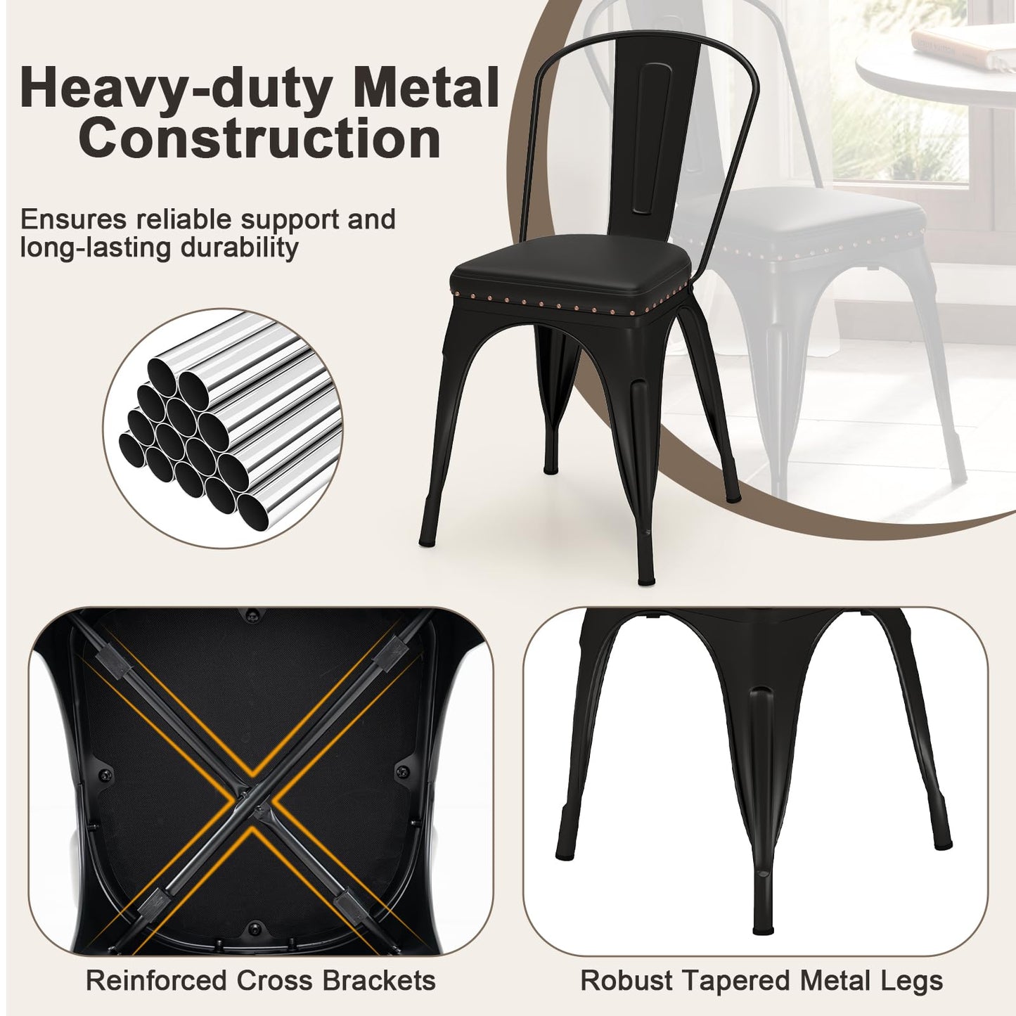 Metal Dining Chair Set of 4 with Removable Backs and PU Leather Cushioned Seat
