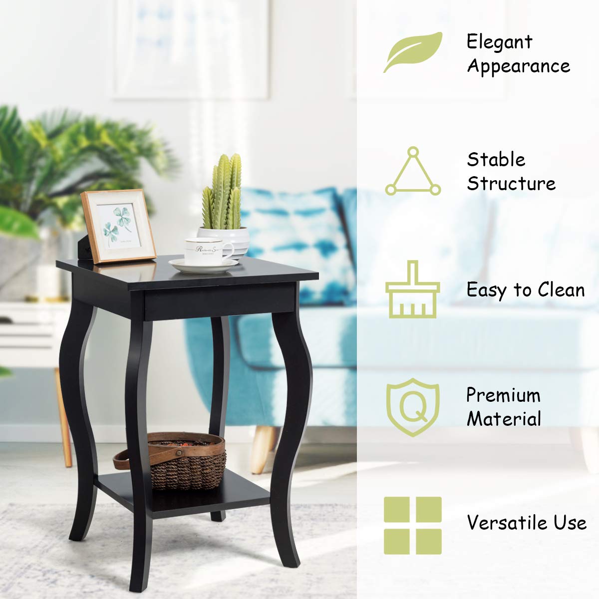 Accent End Table with Elegant Curved Legs and 2-Tier Open Storage Shelves