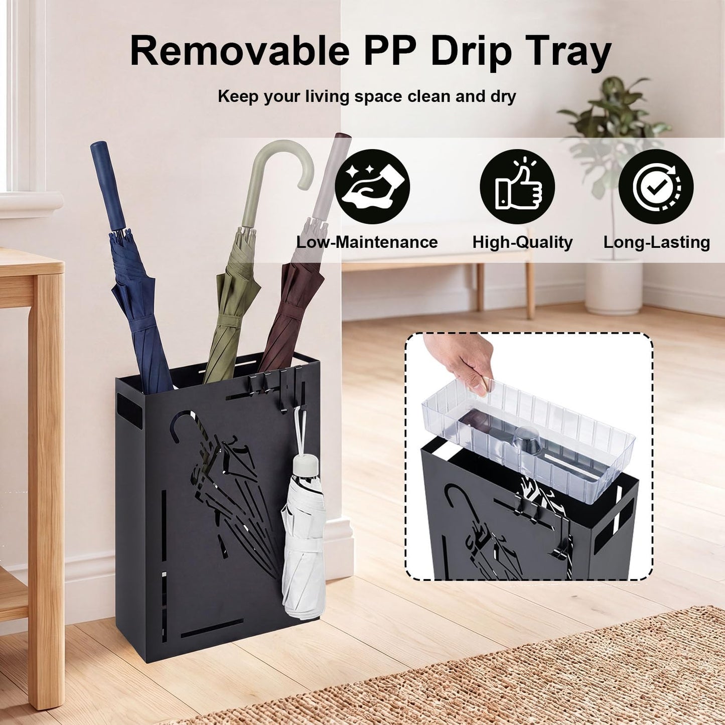 Metal Umbrella Stand, Hollow-Out Umbrella Holder Rack with Removable Drip Tray