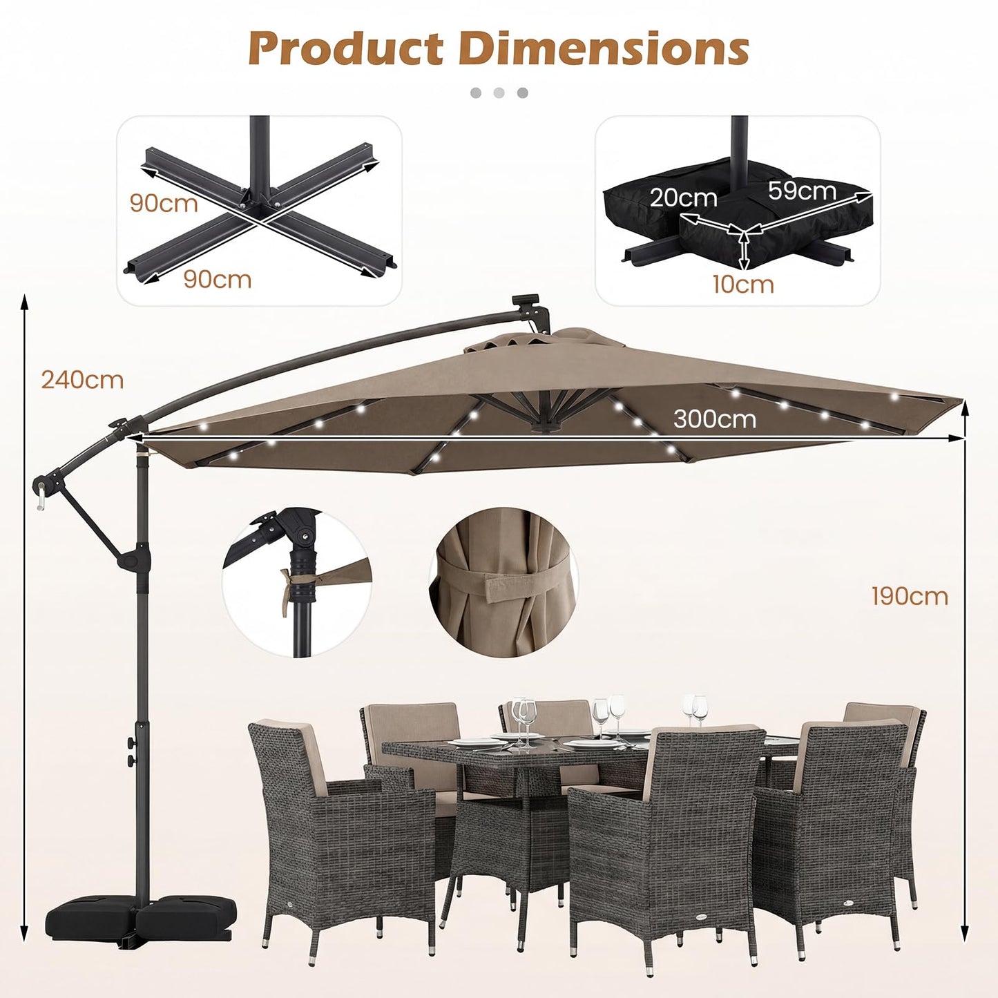 3M Garden Cantilever Parasol, Outdoor Offset Banana Hanging Umbrella with LED Lights