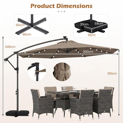 3M Garden Cantilever Parasol, Outdoor Offset Banana Hanging Umbrella with LED Lights