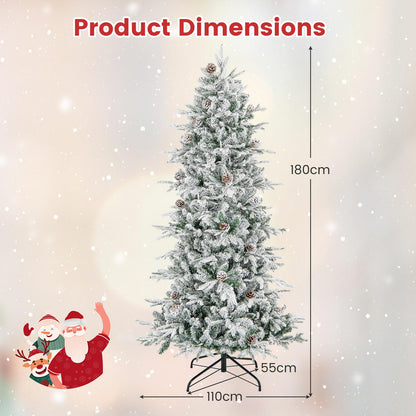 180 cm Artificial Xmas Tree with Flocked Branch Tips Natural Pine Cones Warm White Lights