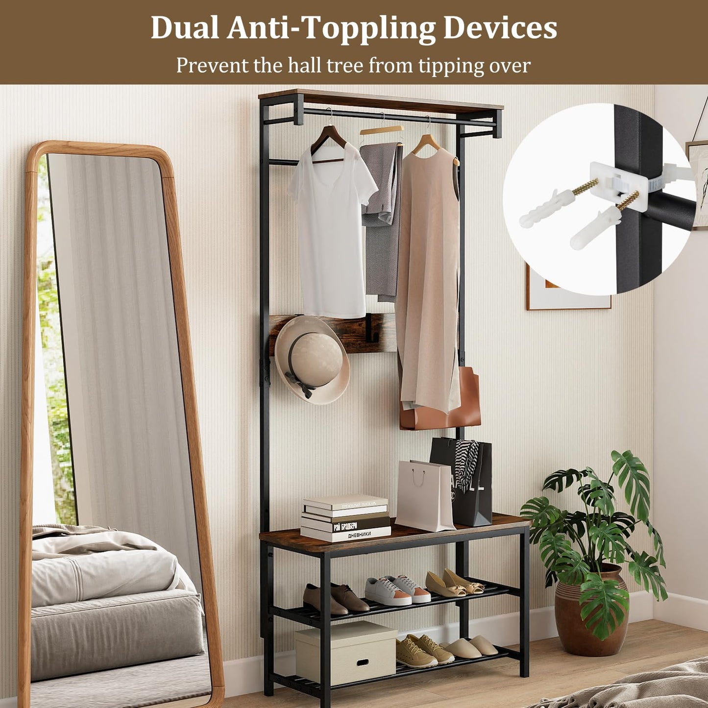 Hall Tree with Bench and Shoe Storage with Hanging Bars