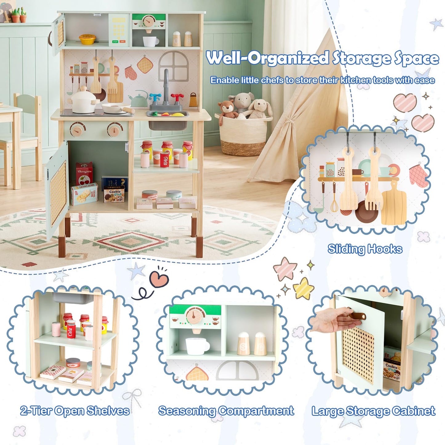 Kids Play Kitchen Wooden Pretend Kitchen Playset with Rattan Doors Wood Legs