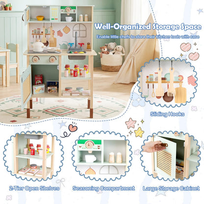 Kids Play Kitchen Wooden Pretend Kitchen Playset with Rattan Doors Wood Legs