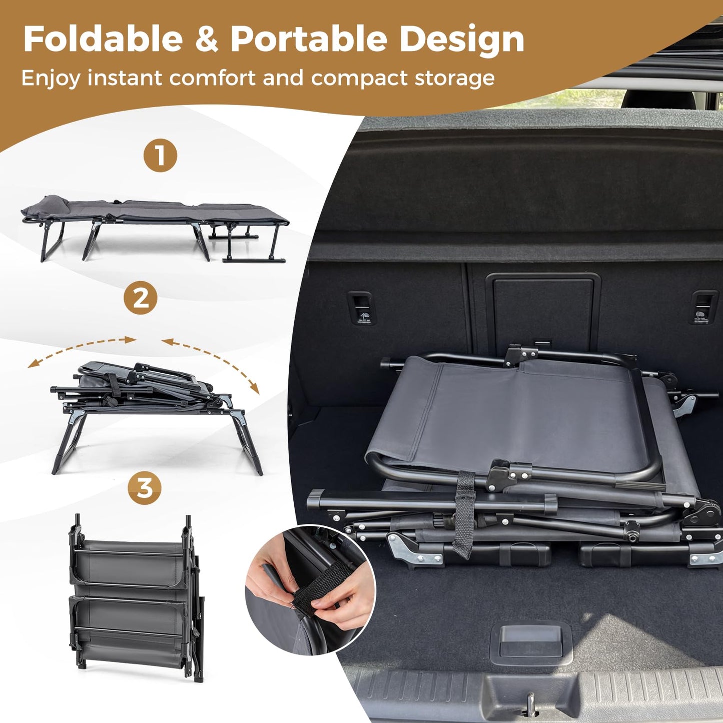 3-in-1 Folding Camping Cot with Removable Mattress and Flip-up Pillow