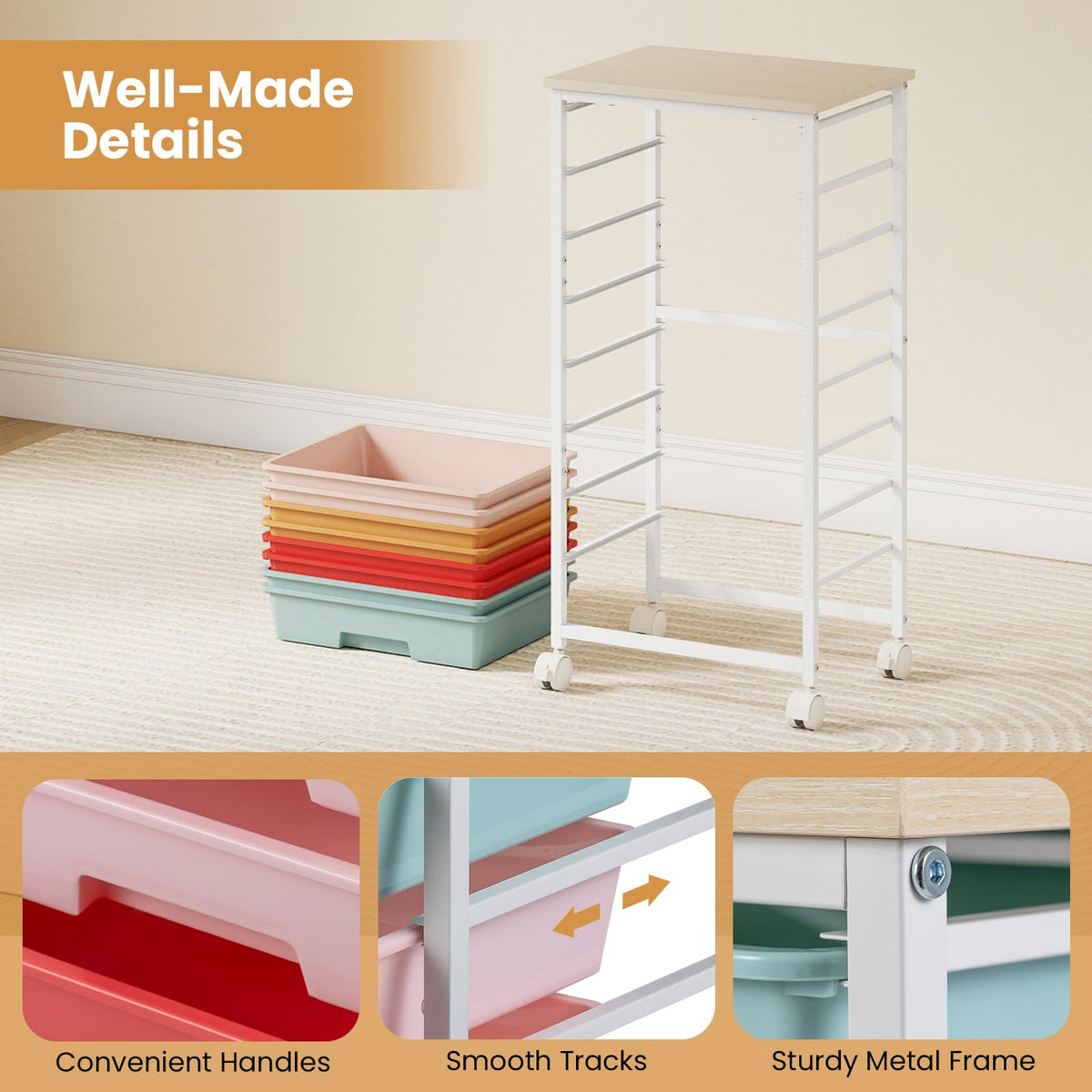 8 Drawers Storage Trolley, Rolling Utility Cart with Wooden Top