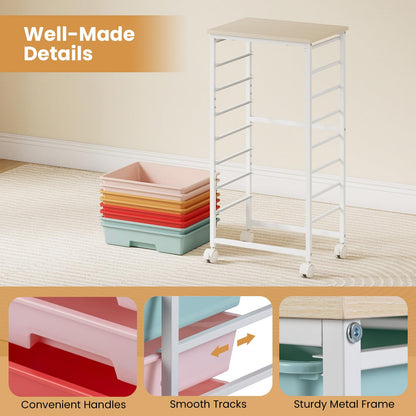 8 Drawers Storage Trolley, Rolling Utility Cart with Wooden Top