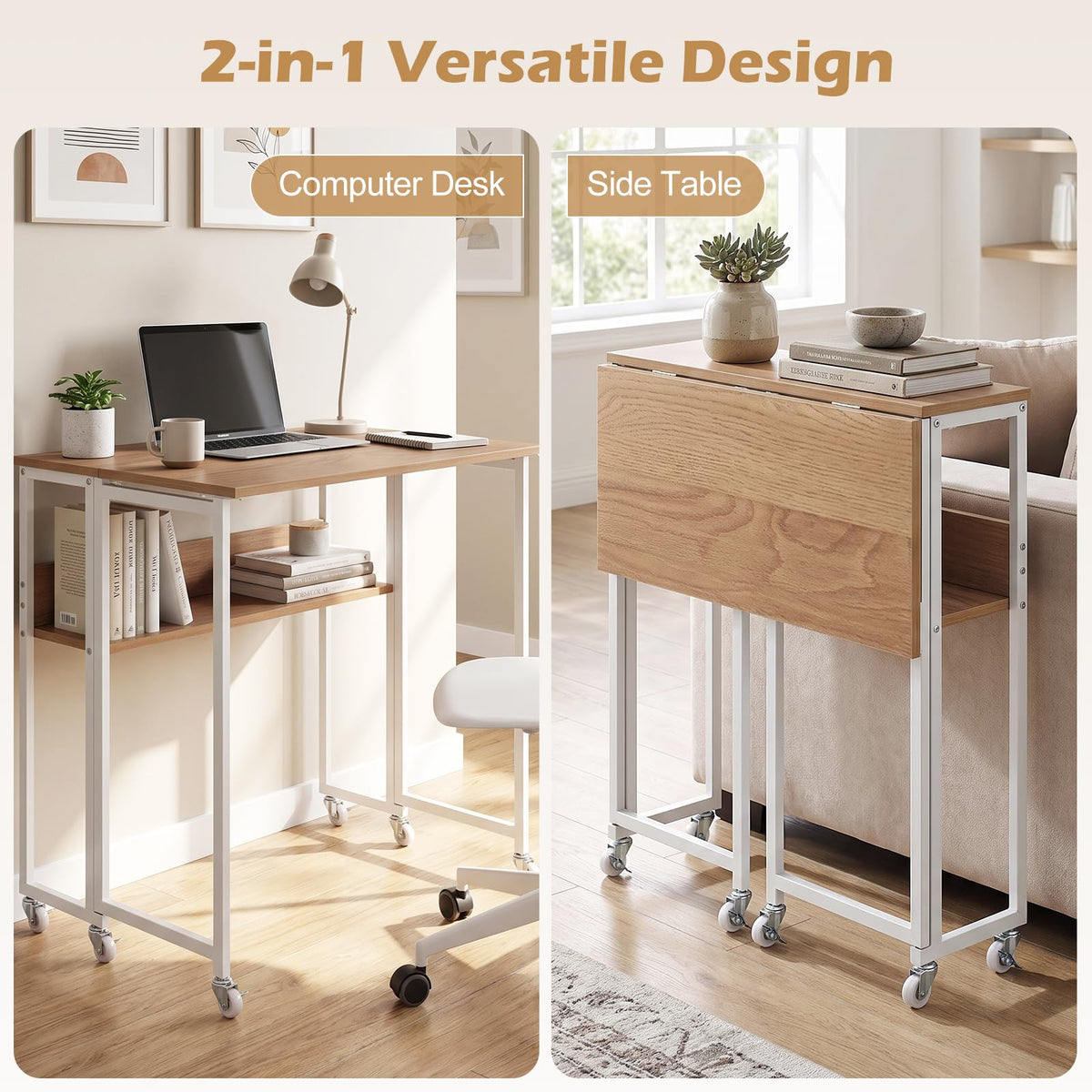 63 cm Small Folding Desk with Smooth Rolling Wheels and Storage Shelf for Home Office