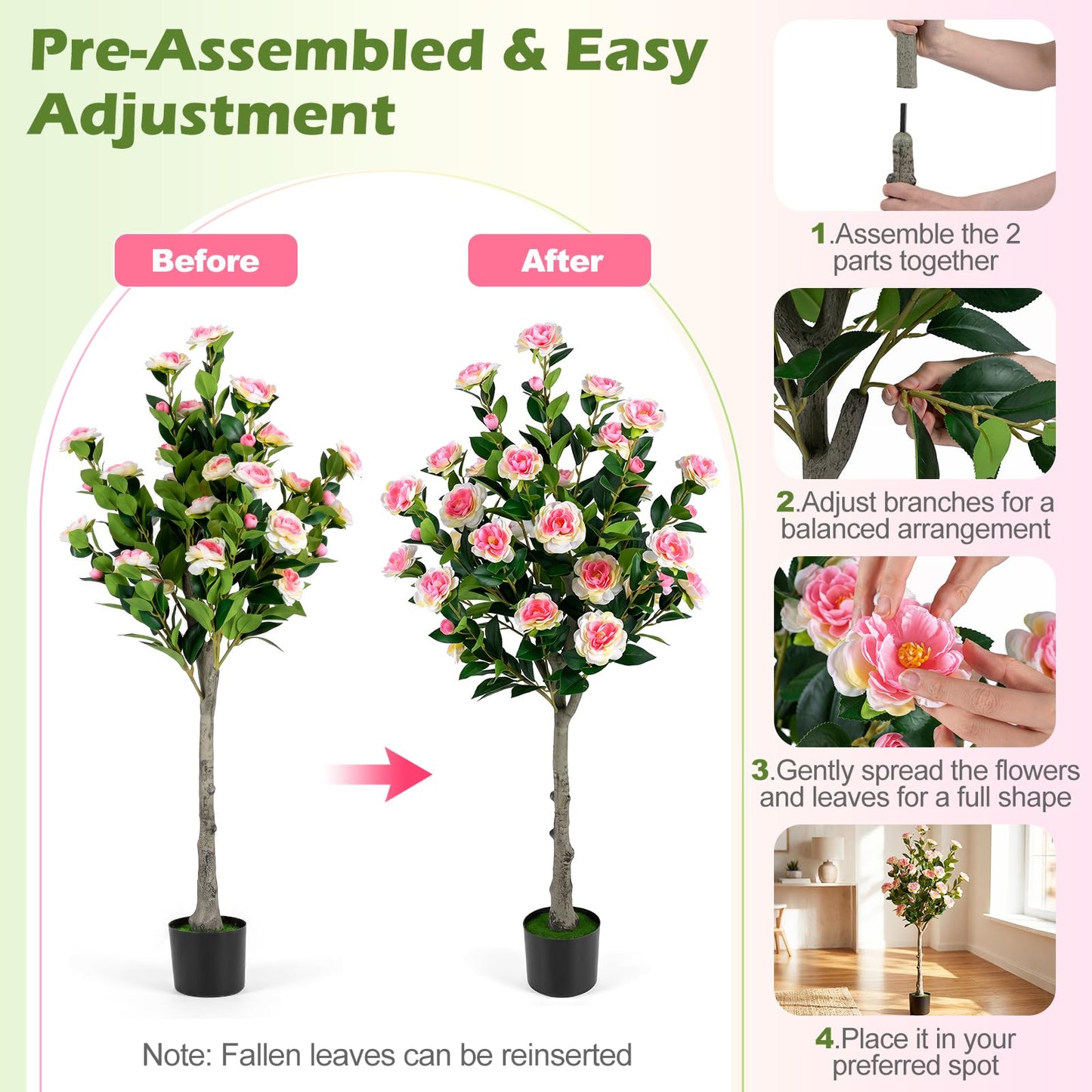125cm Tall Artificial Camellia Tree, Fake Blooming Flower Tree