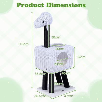 Cat Tree 110cm Lamb-Shaped Cat Tower with 2-Door Rattan Condo Sisal Scratching Posts