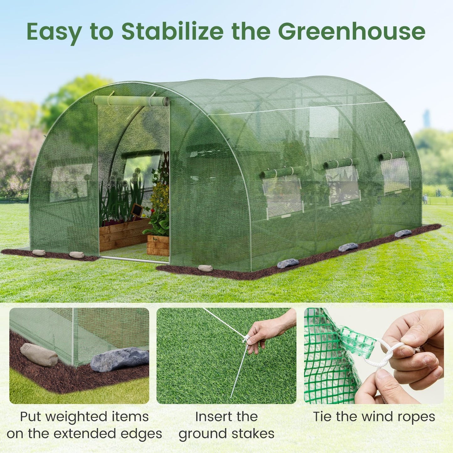 400 x 300 x 200 cm Outdoor Walk-in Tunnel Greenhouse 8 Roll-up Windows