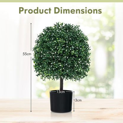 2 Piece Artificial Boxwood Topiary Ball Tree with UV Rated Leaves and 343 White Fruits