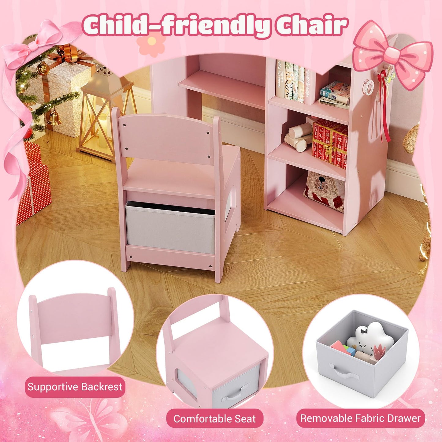 Kids Vanity Table and Chair Set with 3-color Lighted Mirror for 3+ Years Old