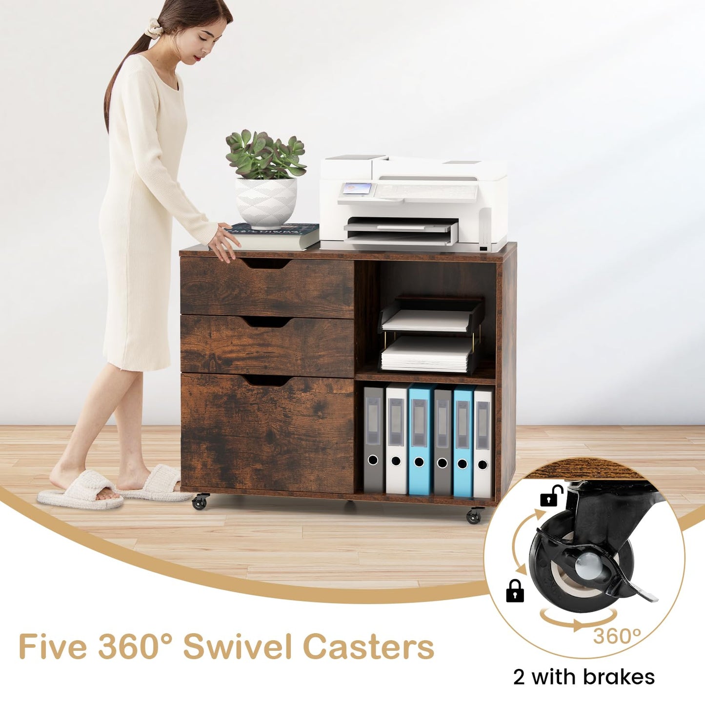 Mobile File Cabinet with 3 Pull-out Drawers and Adjustable Shelf