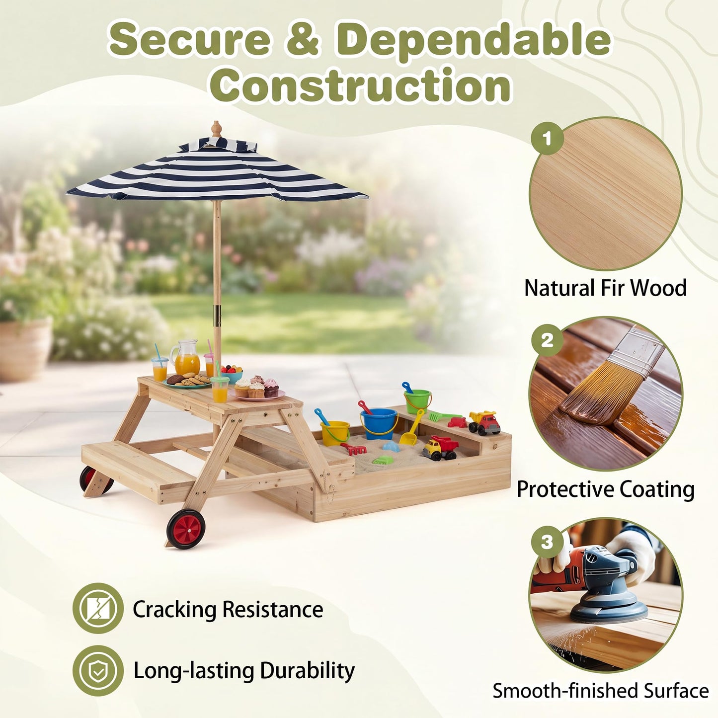 Kids Picnic Table with Sandbox, Wooden Children Garden Table and Bench Set