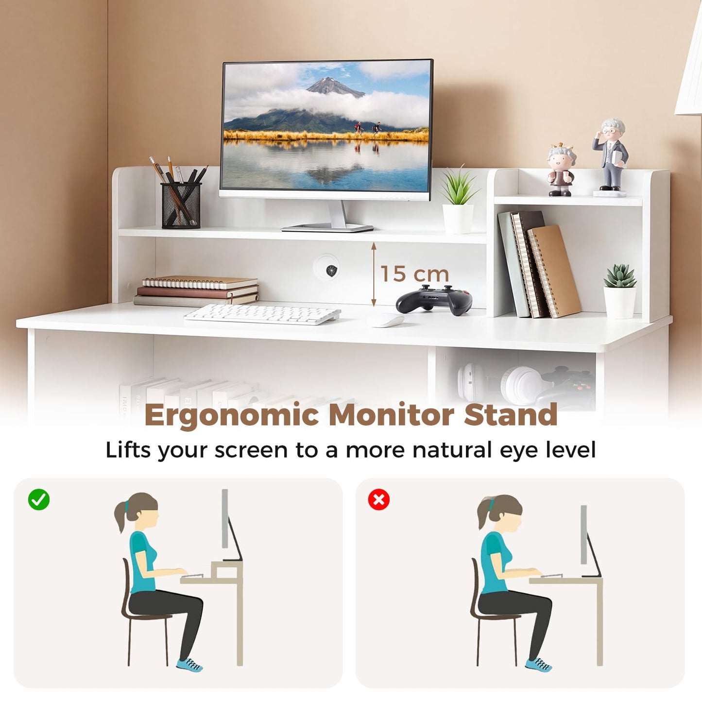 120CM Computer Desk, Wooden PC Laptop Table Writing Workstation with Monitor Stand