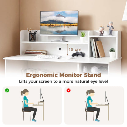 120CM Computer Desk, Wooden PC Laptop Table Writing Workstation with Monitor Stand