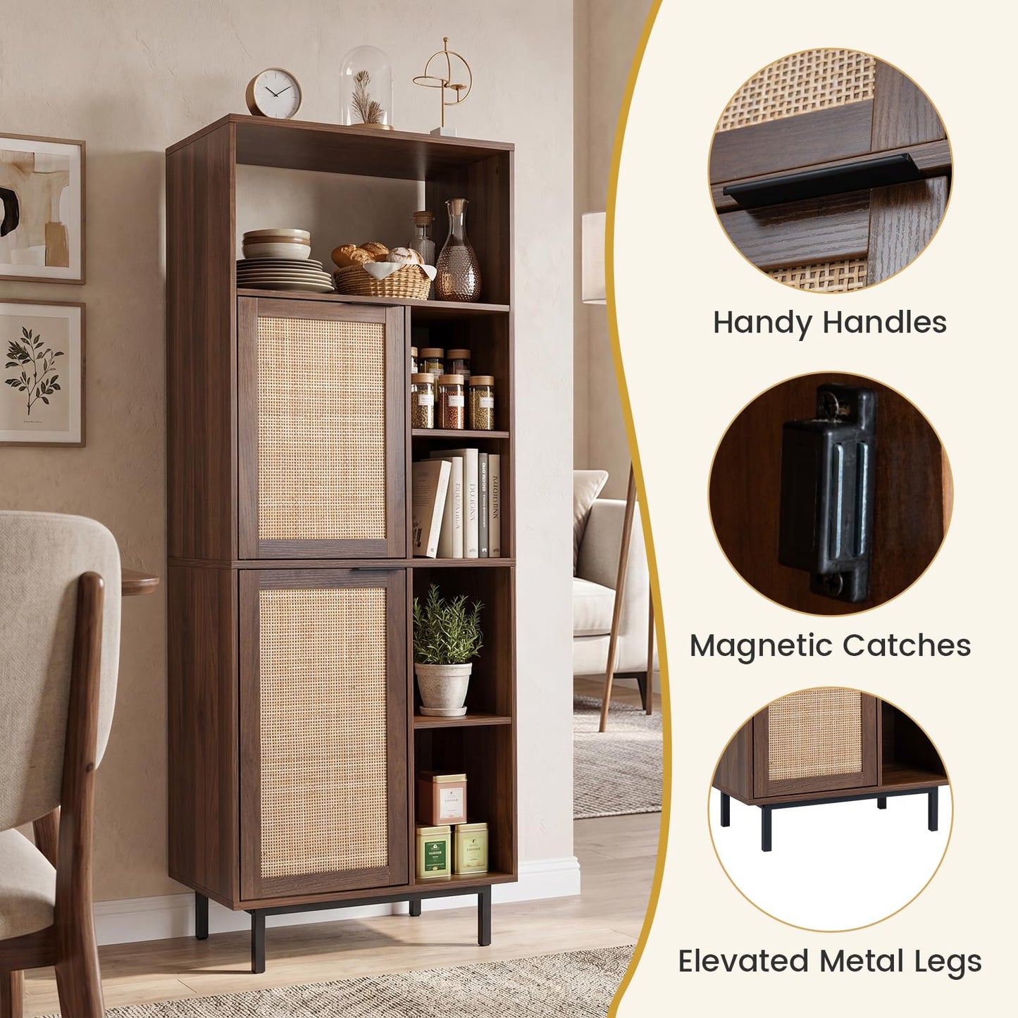 120 cm Storage Cabinet with 2 Rattan Doors & 5 Compartments