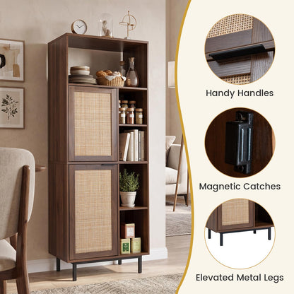 120 cm Storage Cabinet with 2 Rattan Doors & 5 Compartments