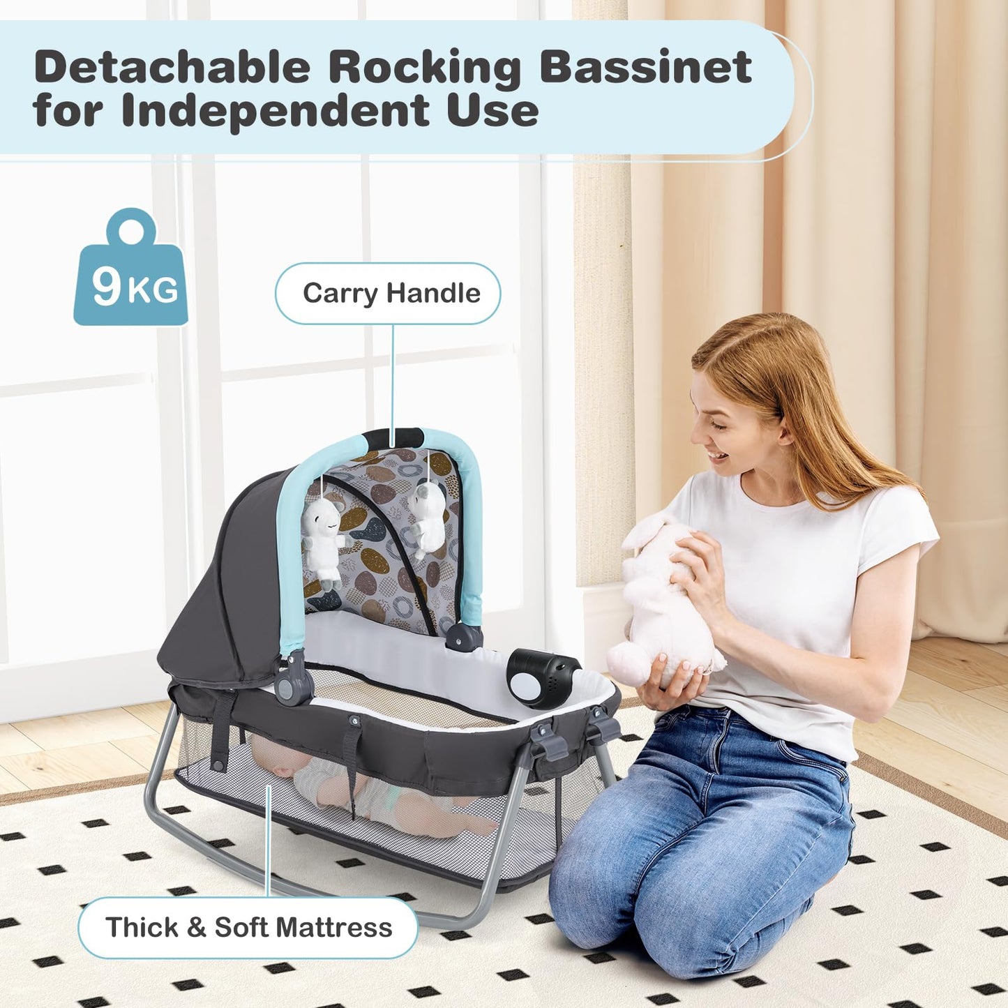5 in 1 Travel Cot, Portable Baby Crib Bassinet with Rocking Bassinet & Diaper Changing Table