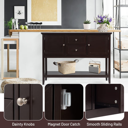 Wooden Buffet Table with Spacious Tabletop and Large Storage Rack