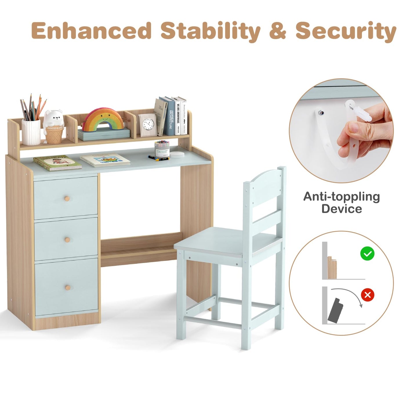 Kids Table and Chair Set, Wooden Children Desk and Chair with 3 Drawers