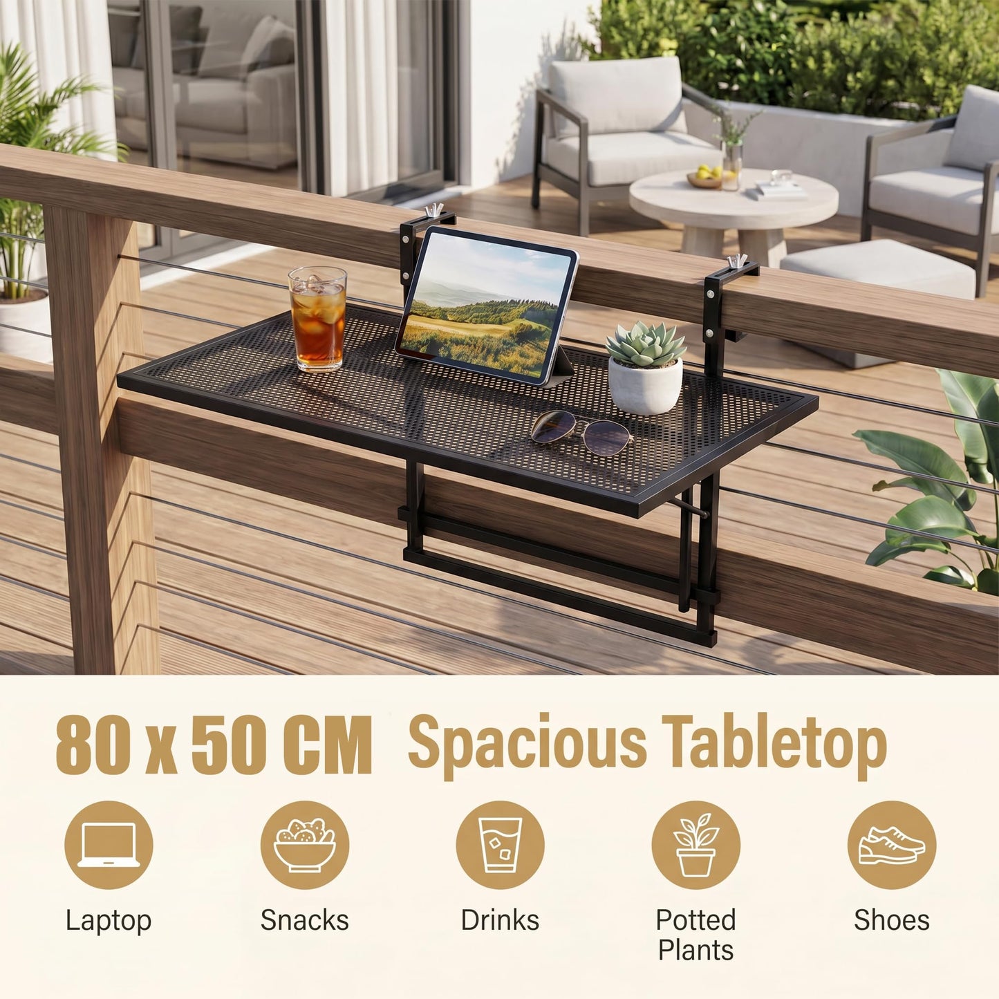 Folding Hanging Table, Balcony Desk with 5 Adjustable Heights