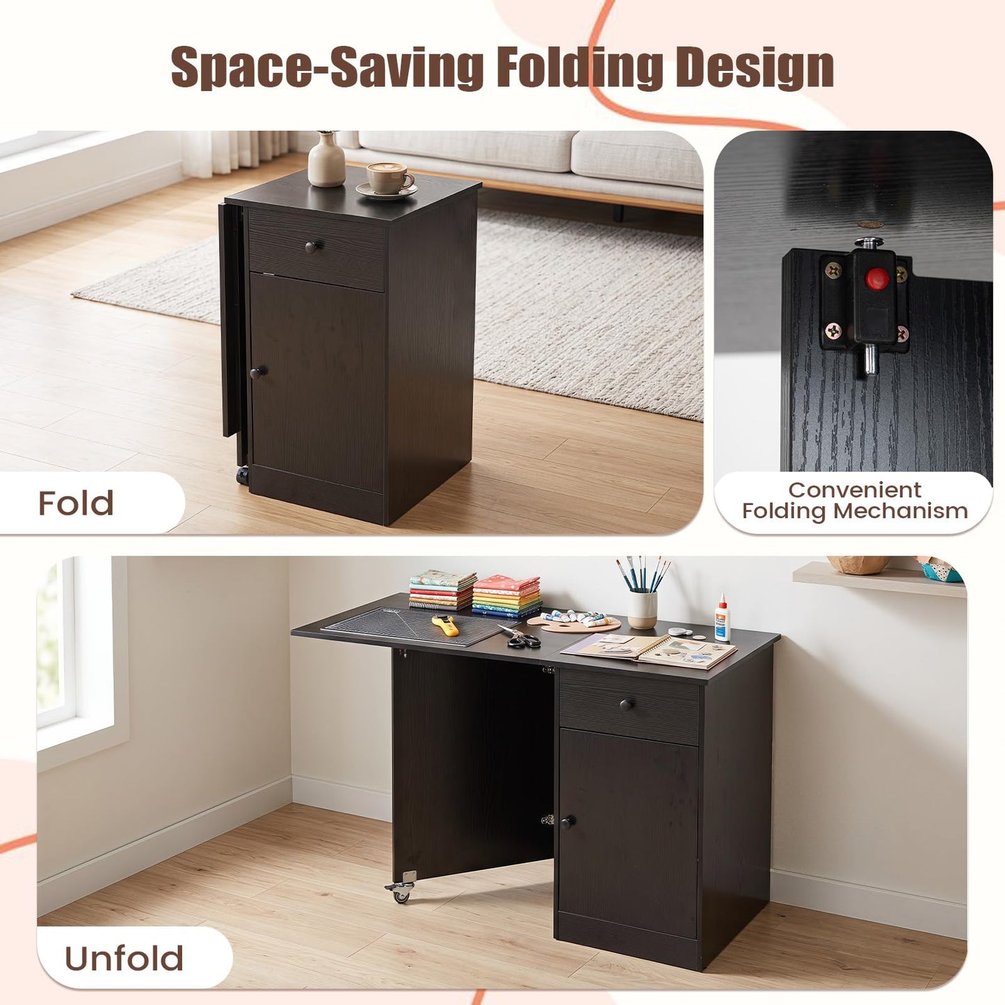 Folding Dining Table for 4-6 with Drawer & Cabinet on Wheel
