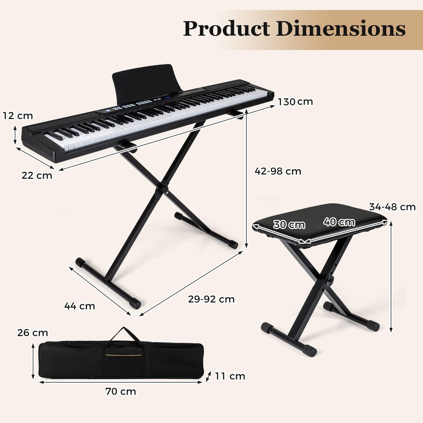 Full Size Electric Piano with Adjustable Stand & Stool, Light-up Keys and Buttons, MIDI Function
