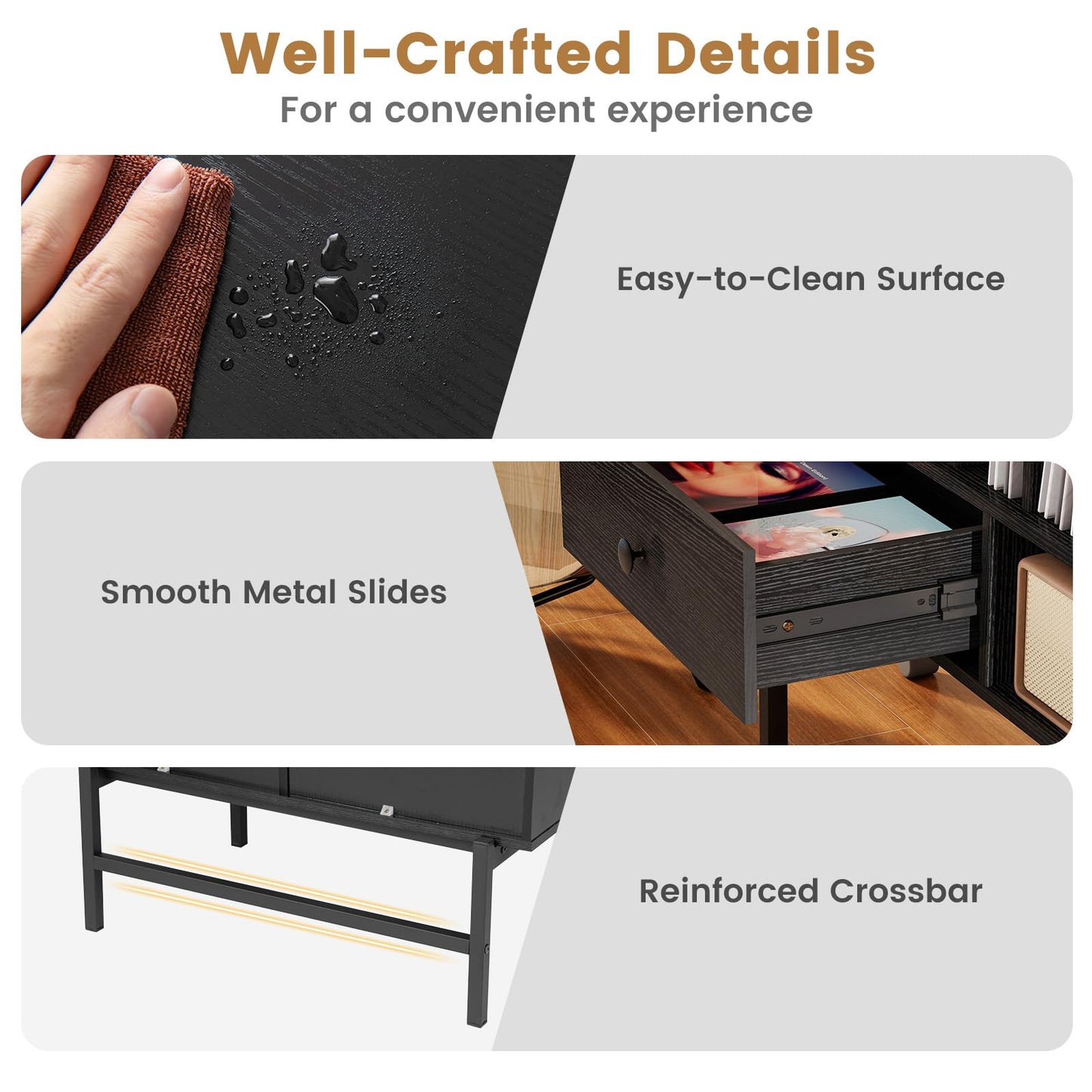 Large Record Player Stand with Open Compartments and Album Holders