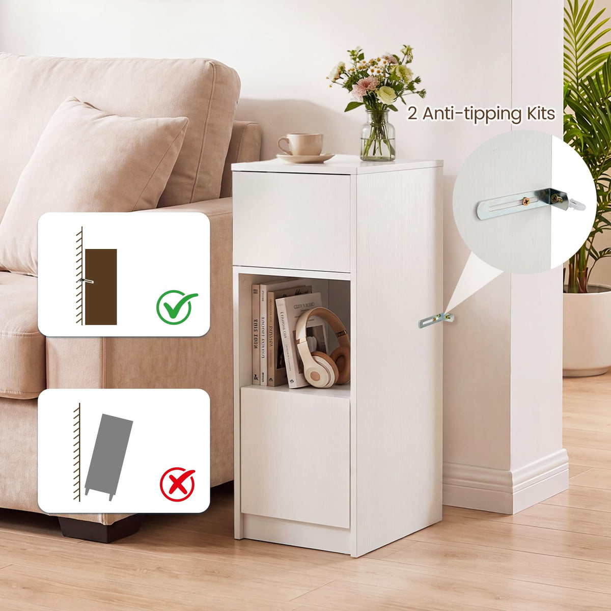 Slim Bedside Table with Drawer and 2 Storage Compartments