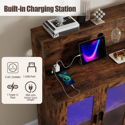Wine Bar Cabinet with LED Lights & Charging Station
