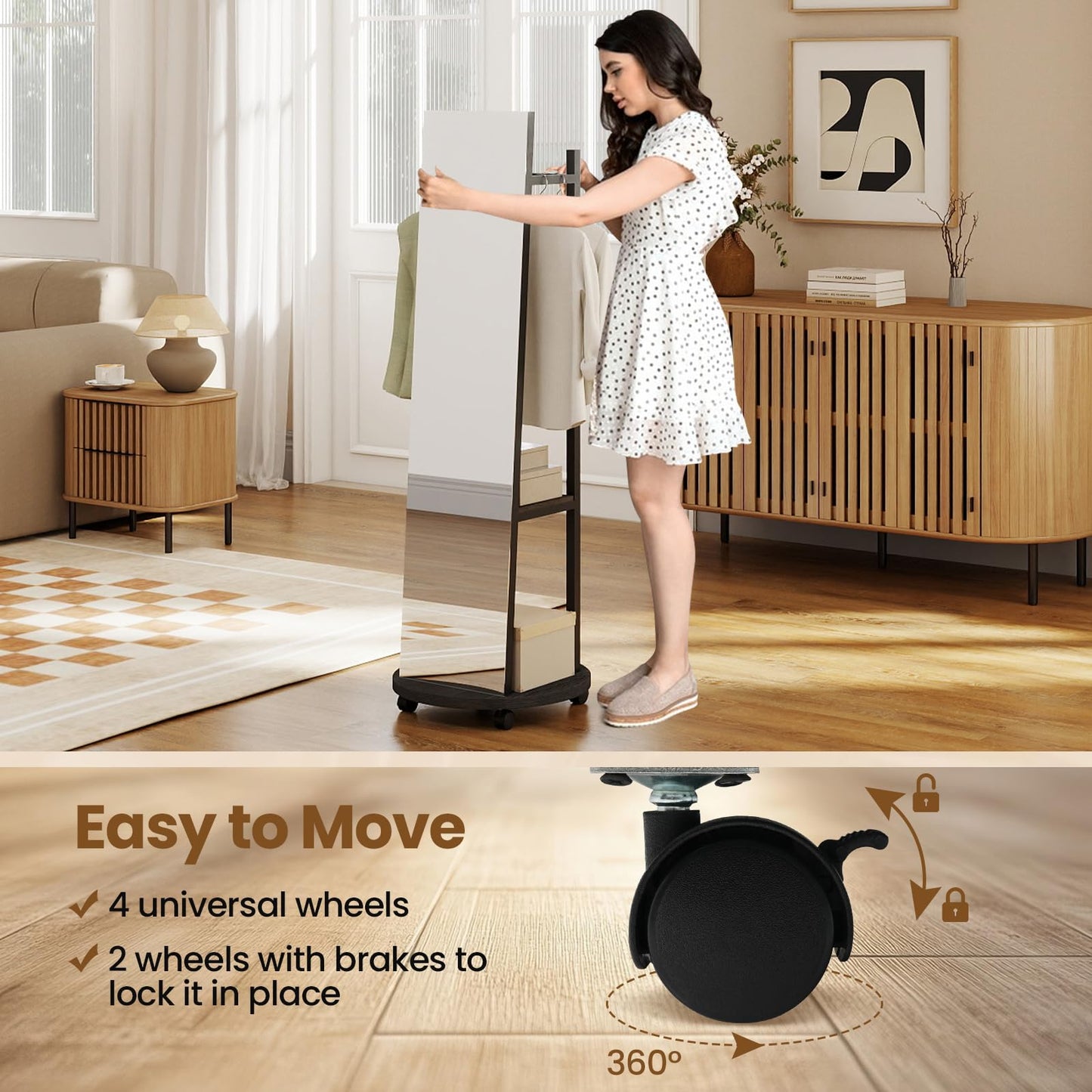Coat Rack with Full Length Mirror Freestanding Coat Tree with 3 Hooks