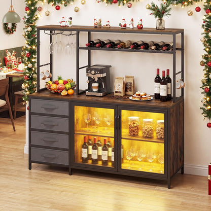 Buffet Sideboard with RGB LED Lights & Power Outlets, Wooden Storage Cabinet