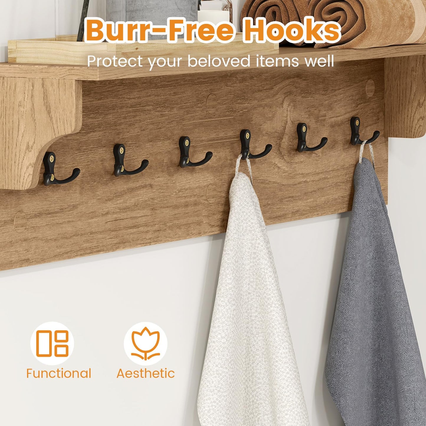 Wall-Mounted Coat Rack with Shelf, 80cm Wooden Wall Shelf Clothes Hanger