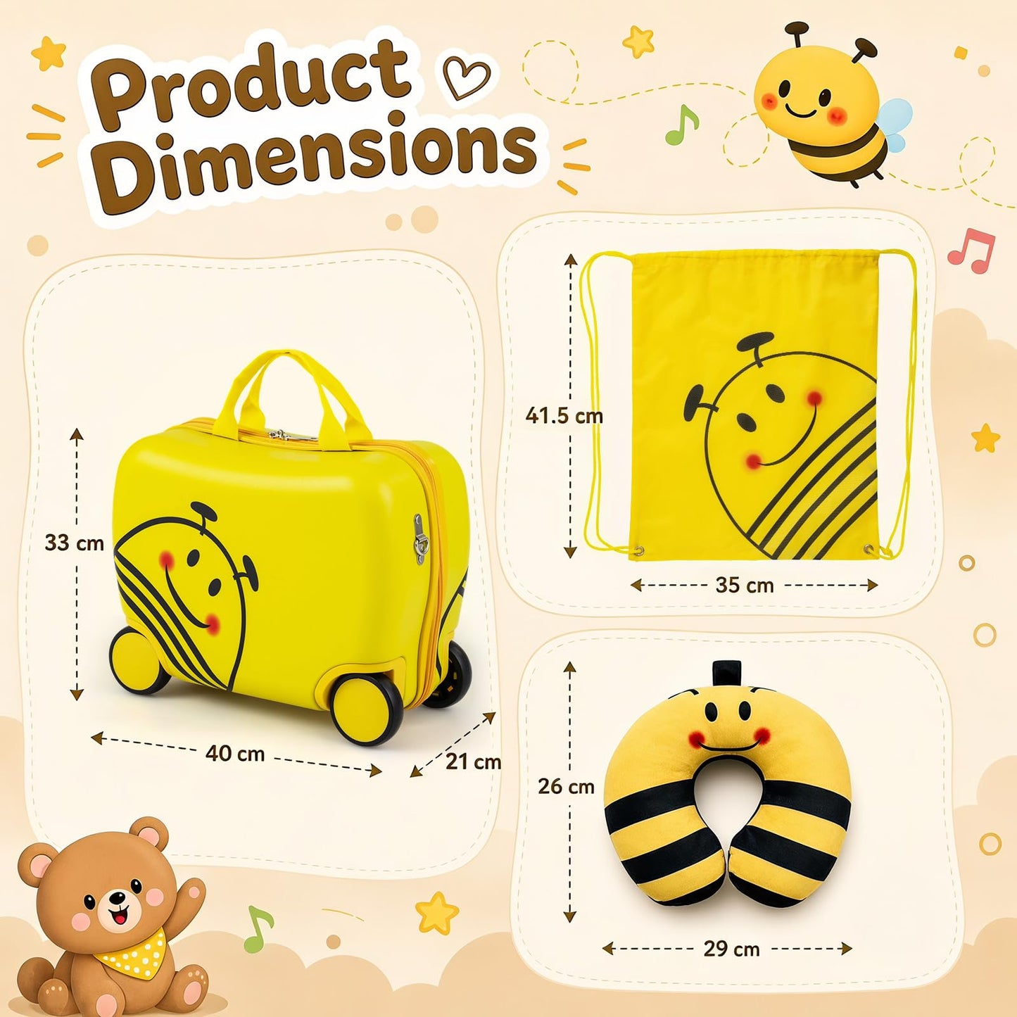 3-Piece Bee Design Kids Bee Design Set with Rucksack & Neck Pillow for Ages 3+