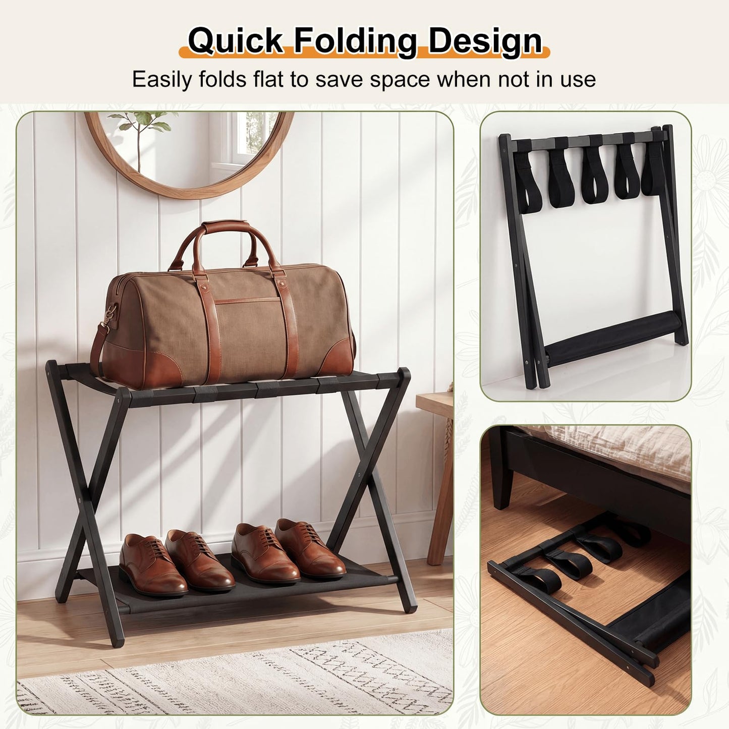 Set of 2 Bamboo Luggage Racks with Nylon Straps and Oxford Cloth Storage Shelves