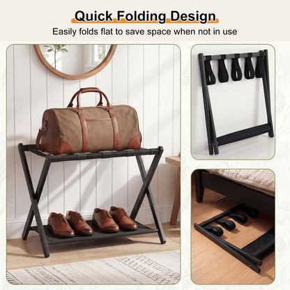 Set of 2 Bamboo Luggage Racks with Nylon Straps and Oxford Cloth Storage Shelves