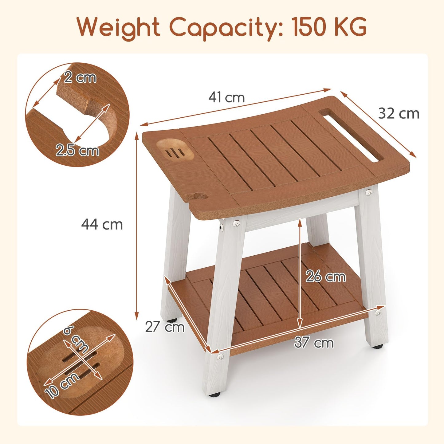 HIPS Slatted Spa Bath Stool Seat with Storage Shelf