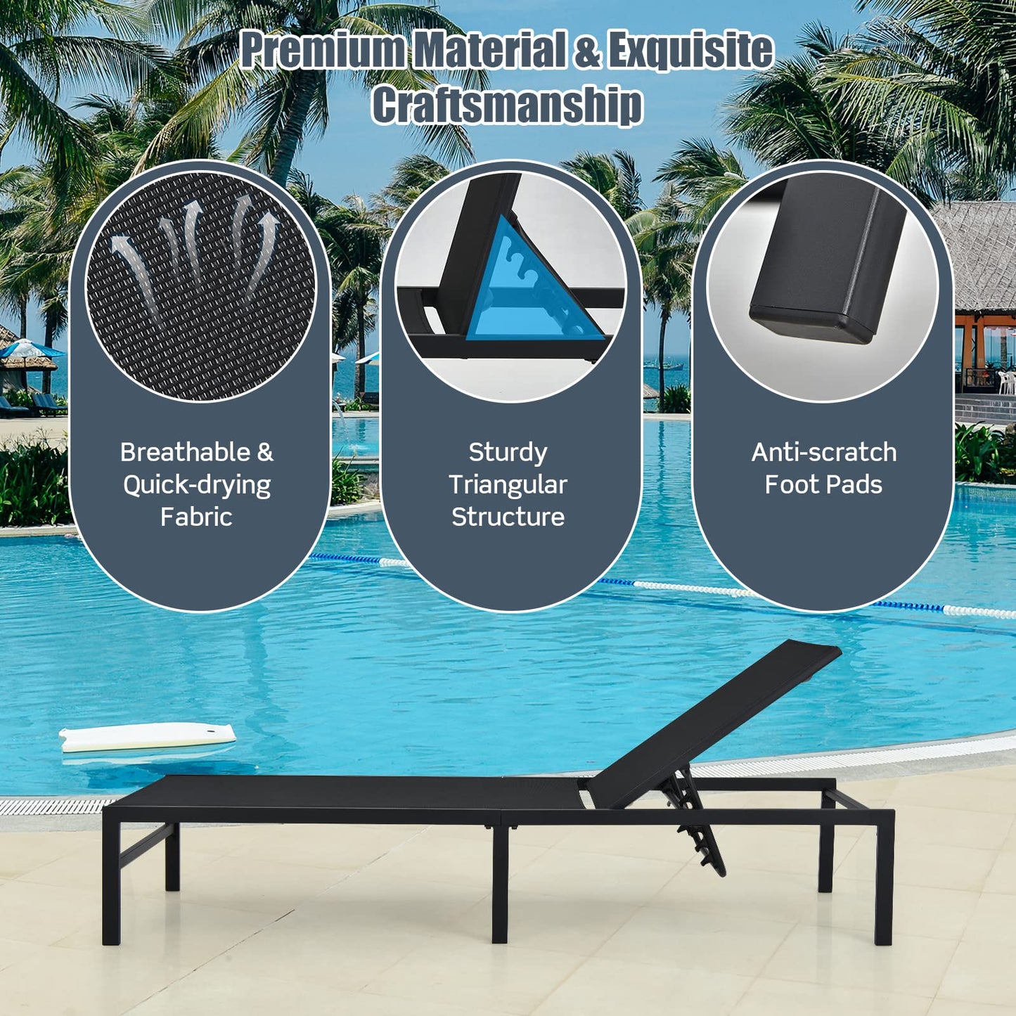 6 Positions Adjustable Garden Chaise Lounge Reclining Deck Sunbed