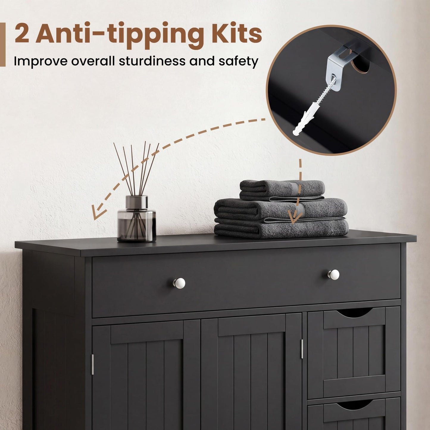 Bathroom Floor Cabinet, Freestanding Wooden Storage Cupboard with 4 Drawers