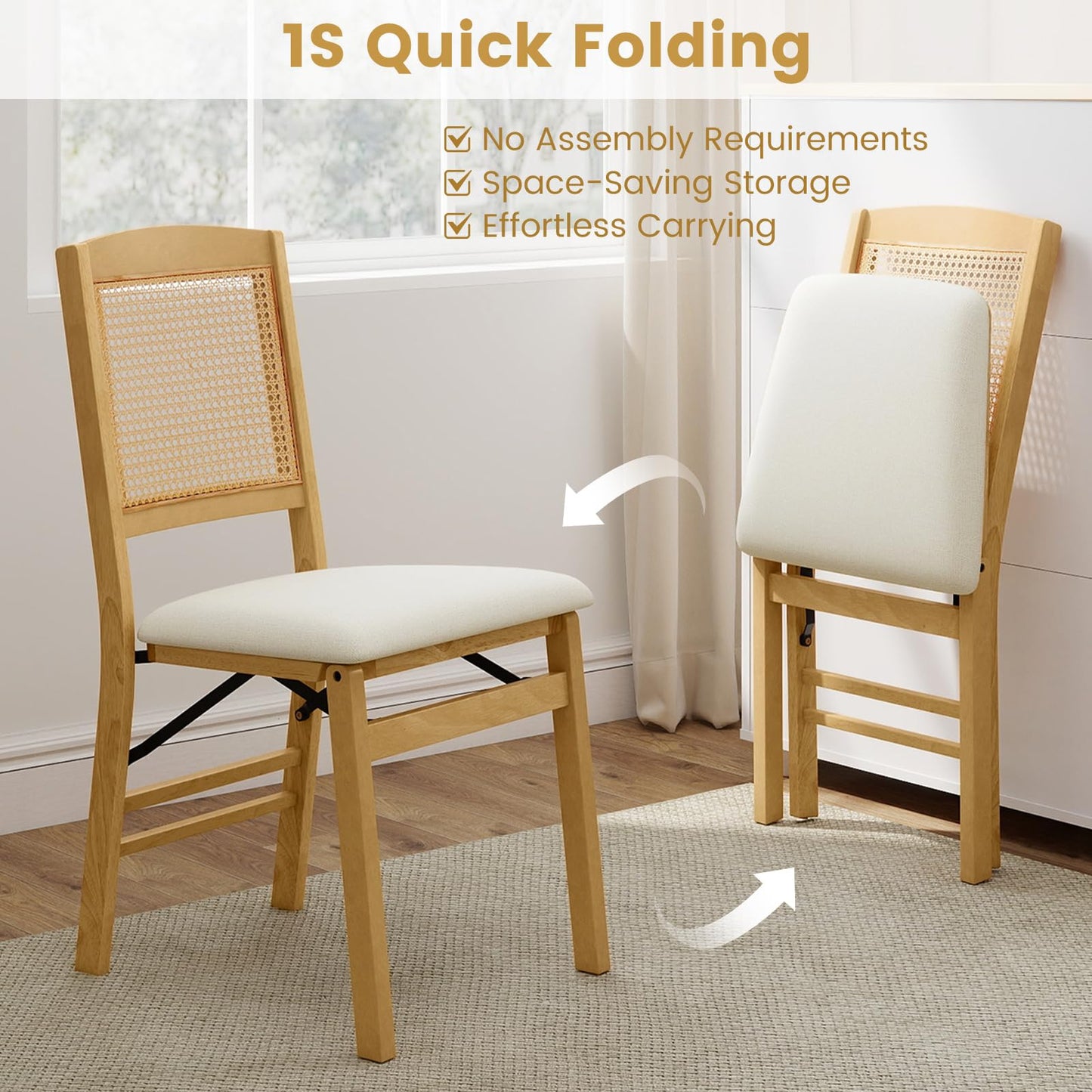 Wooden Folding Chairs Set of 2 Rustic Rubber Wood Dining Chairs with Linen Padded Seat