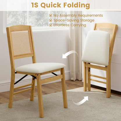 Wooden Folding Chairs Set of 2 Rustic Rubber Wood Dining Chairs with Linen Padded Seat