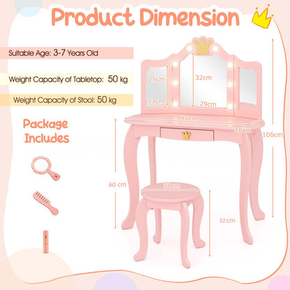 Kids Vanity Set with Lighted Mirror and Adjustable Brightness Pull-out Drawer and Stool