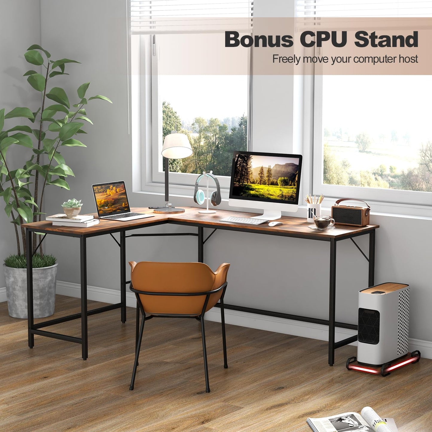 下架-排插有问题L-Shaped Computer Desk, 168cm Metal Frame Corner Writing Workstation with Charging Station