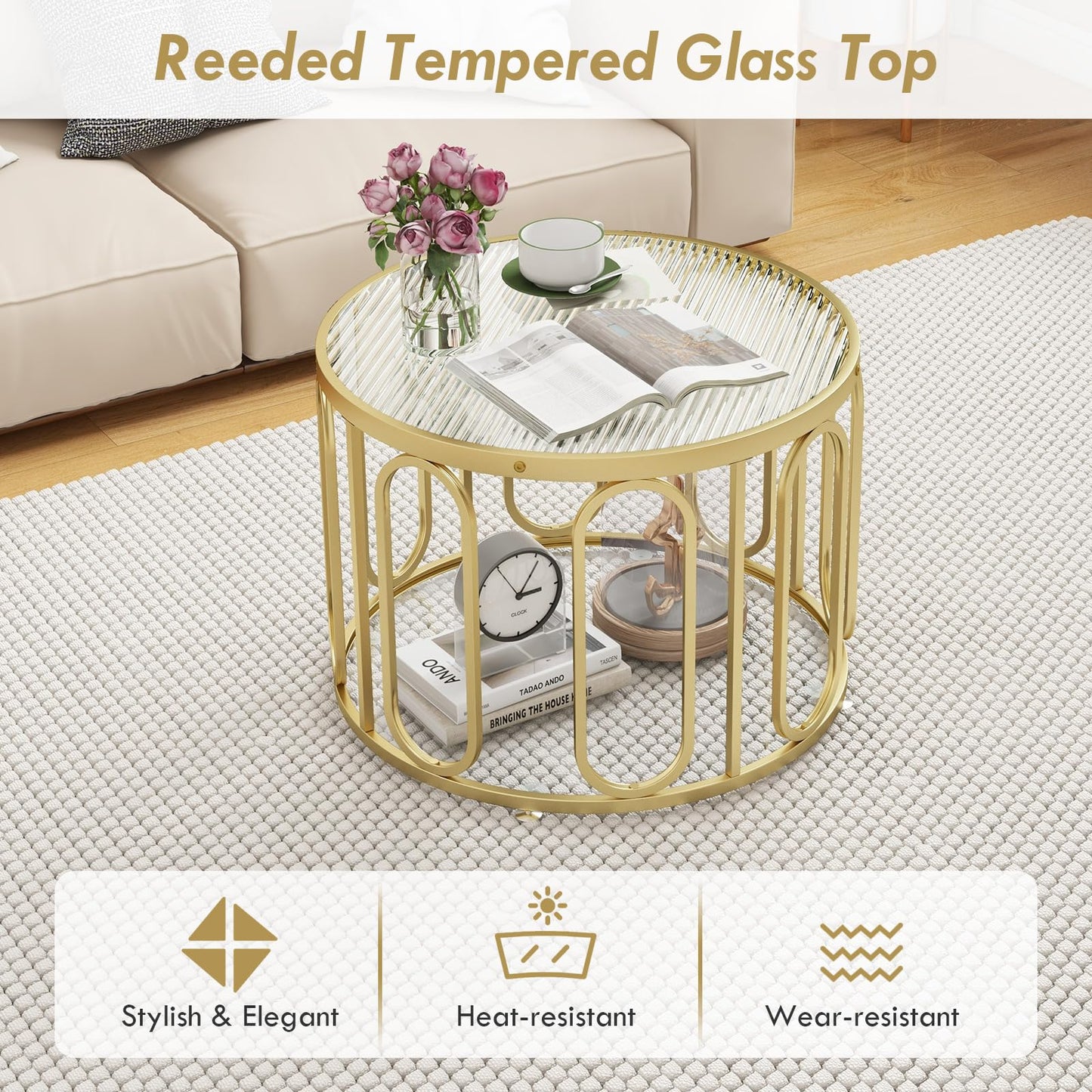 24 Inch Round Coffee Table with Reeded Tempered Glass Top