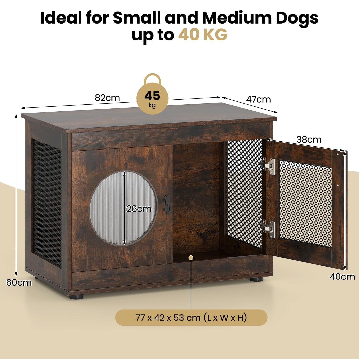 Dog Crate Furniture with Metal Mesh & Translucent Window for Small Medium Dogs