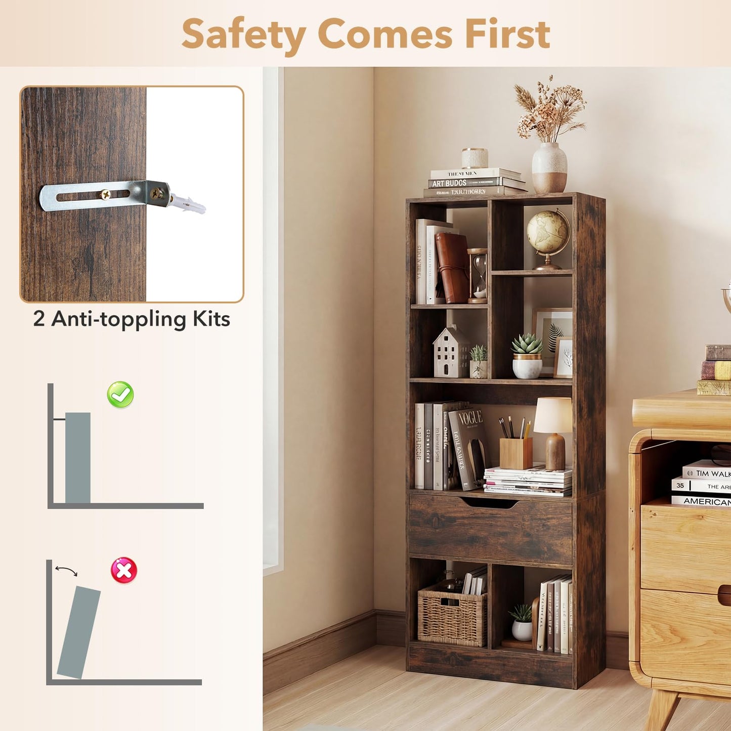 Tall Bookcase with Drawer, Floor Display Rack Storage Organizer for Living Room, Study, Home Office